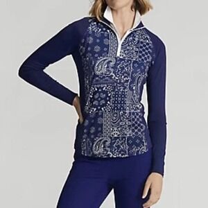 RLX Ralph Lauren Bandana Panel Quarter Zip Pullover Top Womens XS Navy Golf NEW